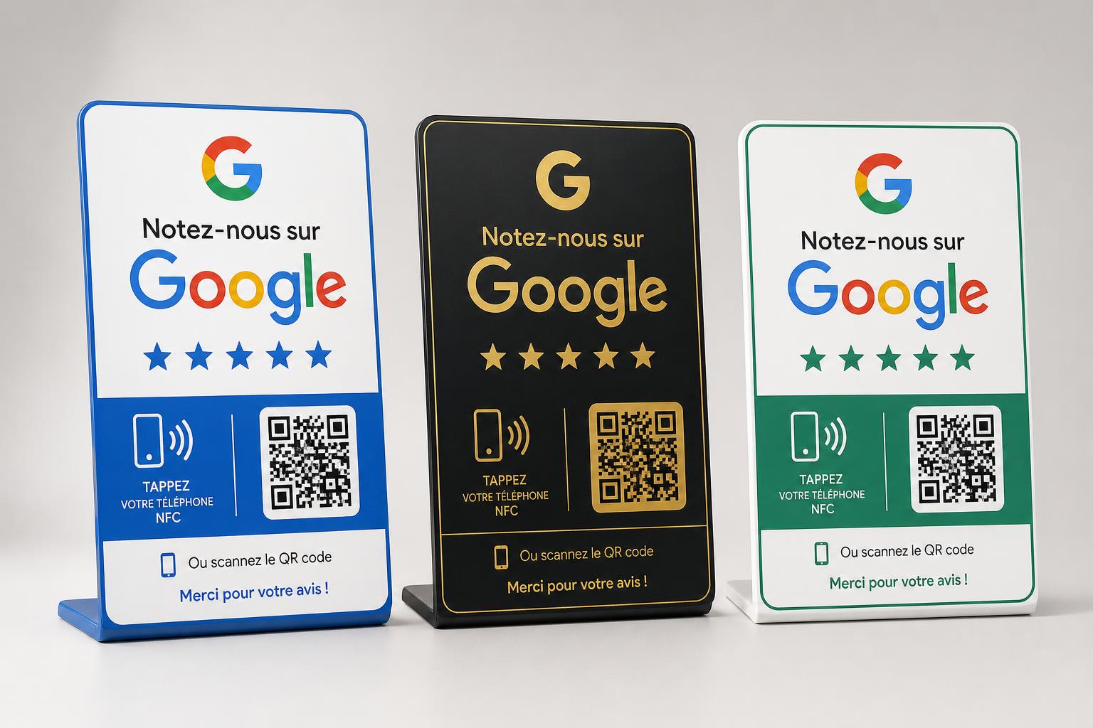 Trois designs de plaques NFC + QR Google Avis